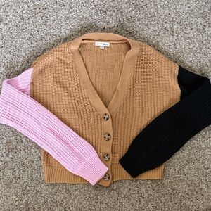 Derek Heart Colorblock V-Neck Button Cardigan - Tan, Pink & Black